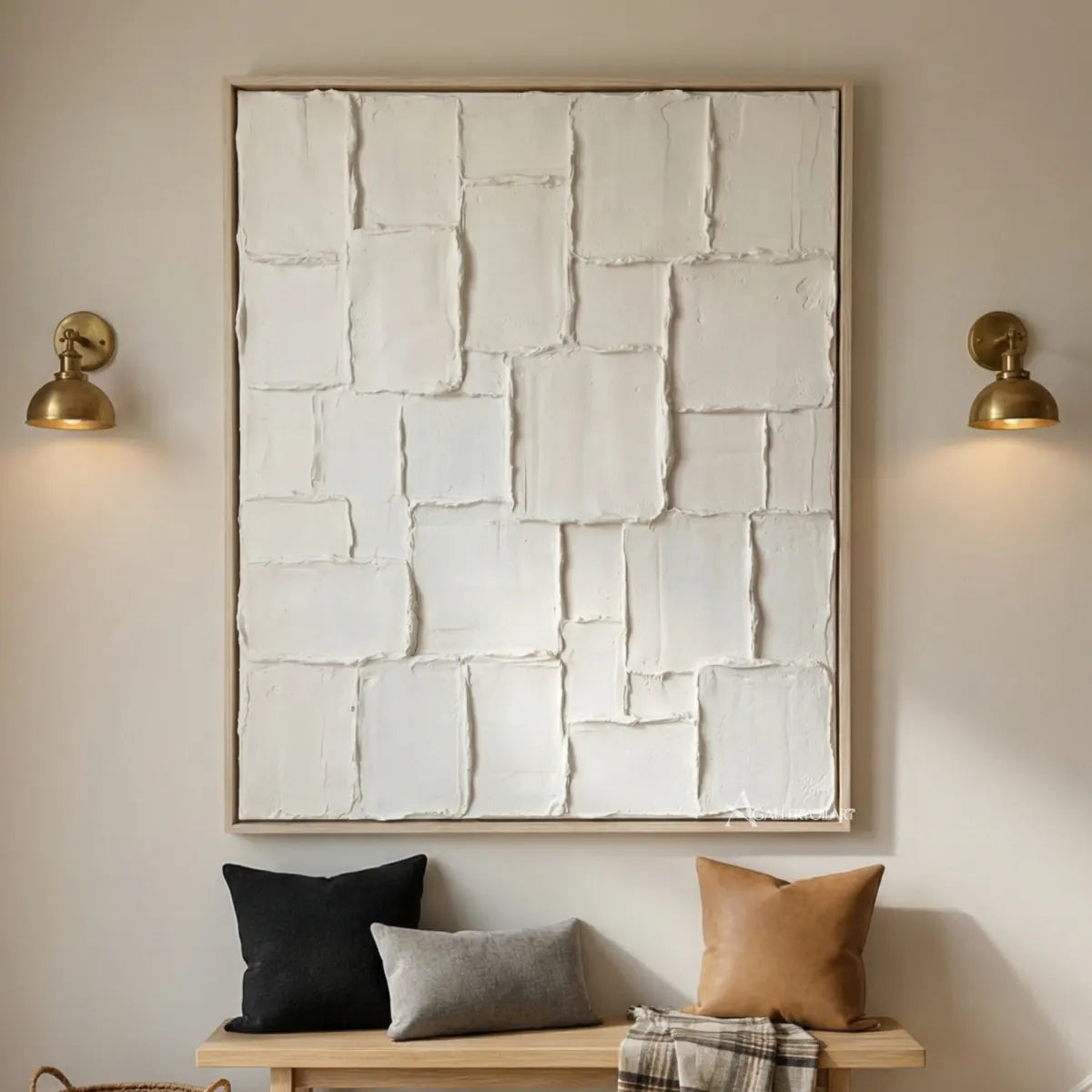 Raised-white-grid-textured-3D-wall-art-above-a-wood-entry-bench