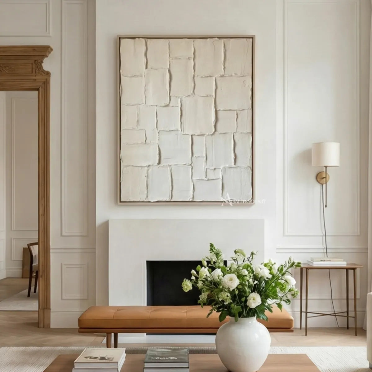 Raised-white-grid-textured-3D-wall-art-above-a-minimal-fireplace