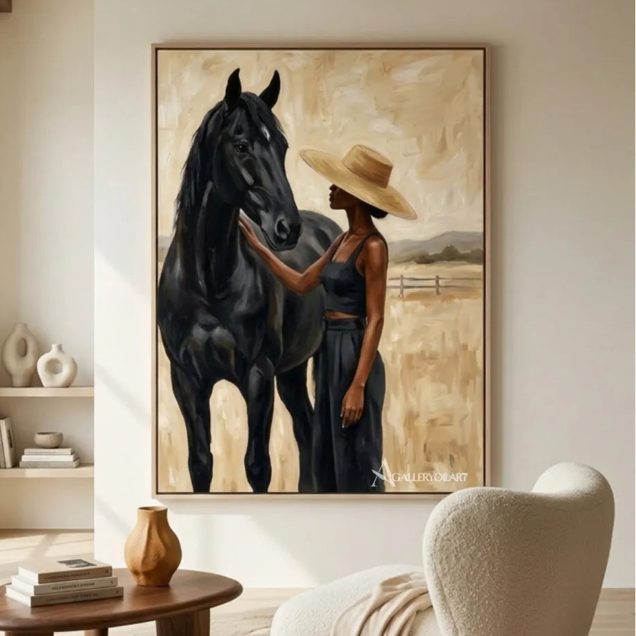 Black-horse-and-woman-in-a-wide-hat-in-a-calm-neutral-portrait