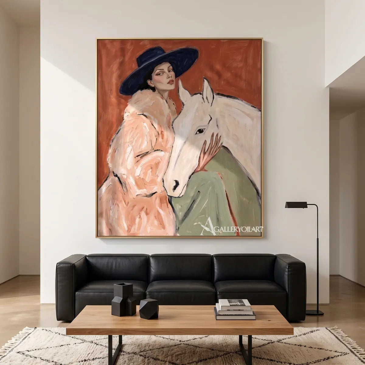 Woman-in-rose-pink-with-white-horse-against-rust-red-background-in-contemporary-room