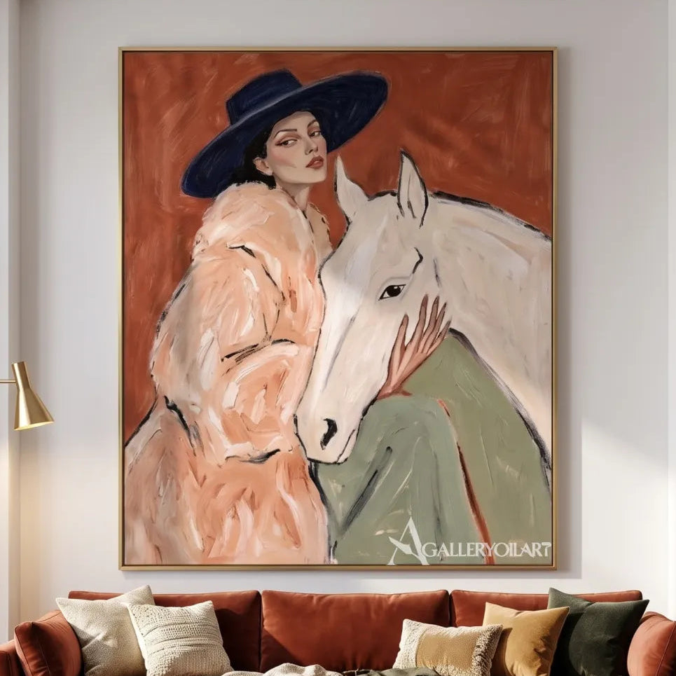 Woman-in-rose-pink-with-white-horse-against-rust-red-background-in-minimalist-room
