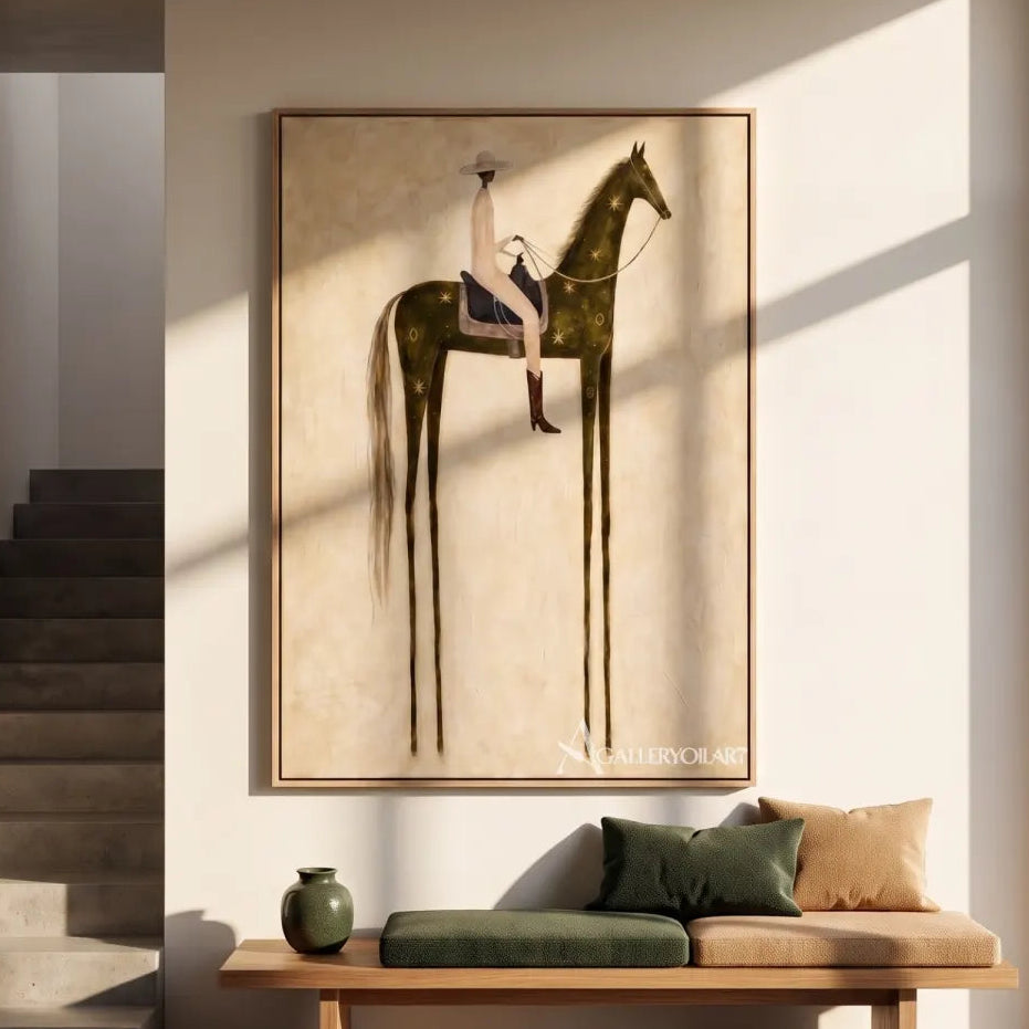 rider-on-a-star-marked-green-horse-western-cowboy-art-Green-wall-art-in-minimalist-living-room