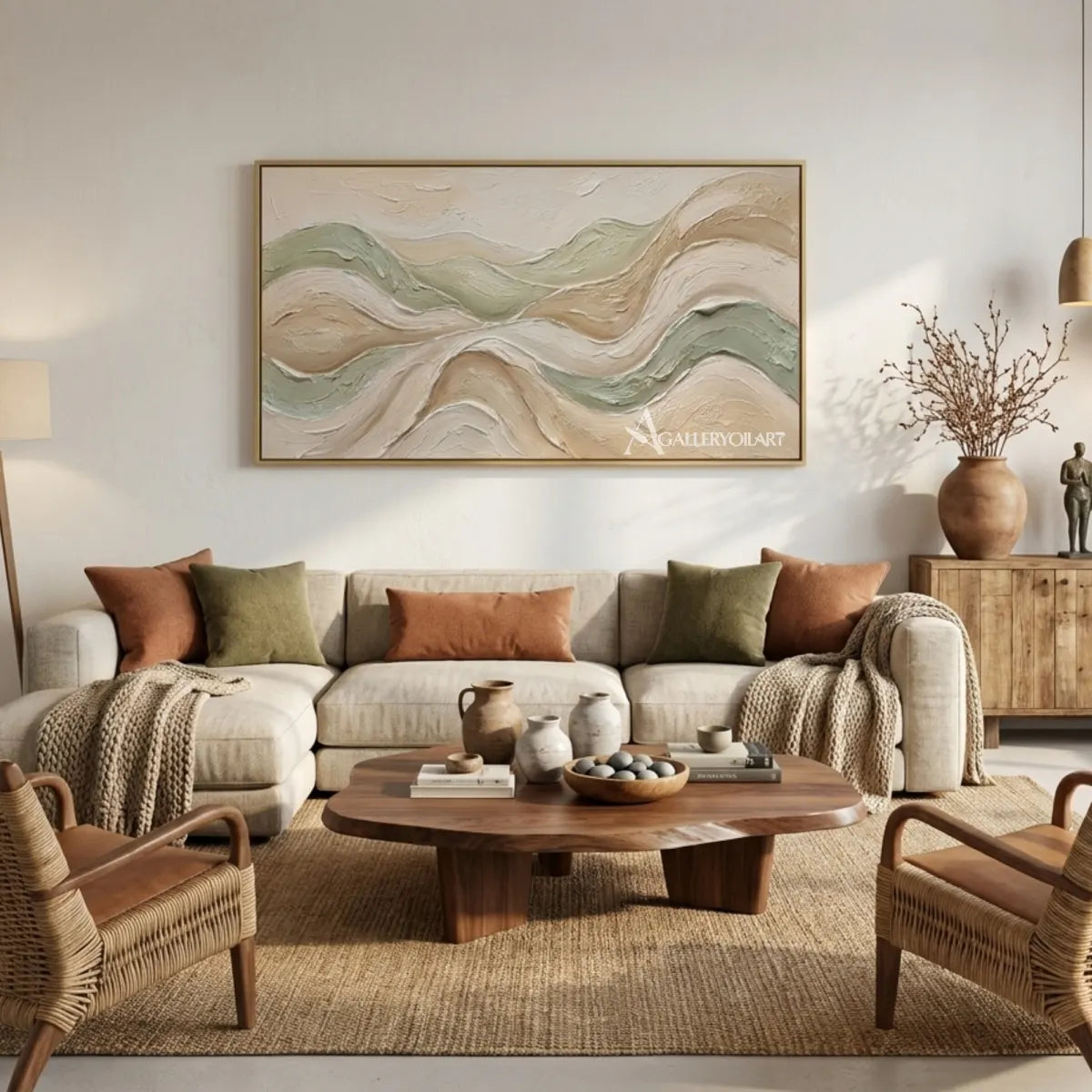 Textured-3D-layered-abstract-ridgelines-beige-wall-art-in-gathering-space