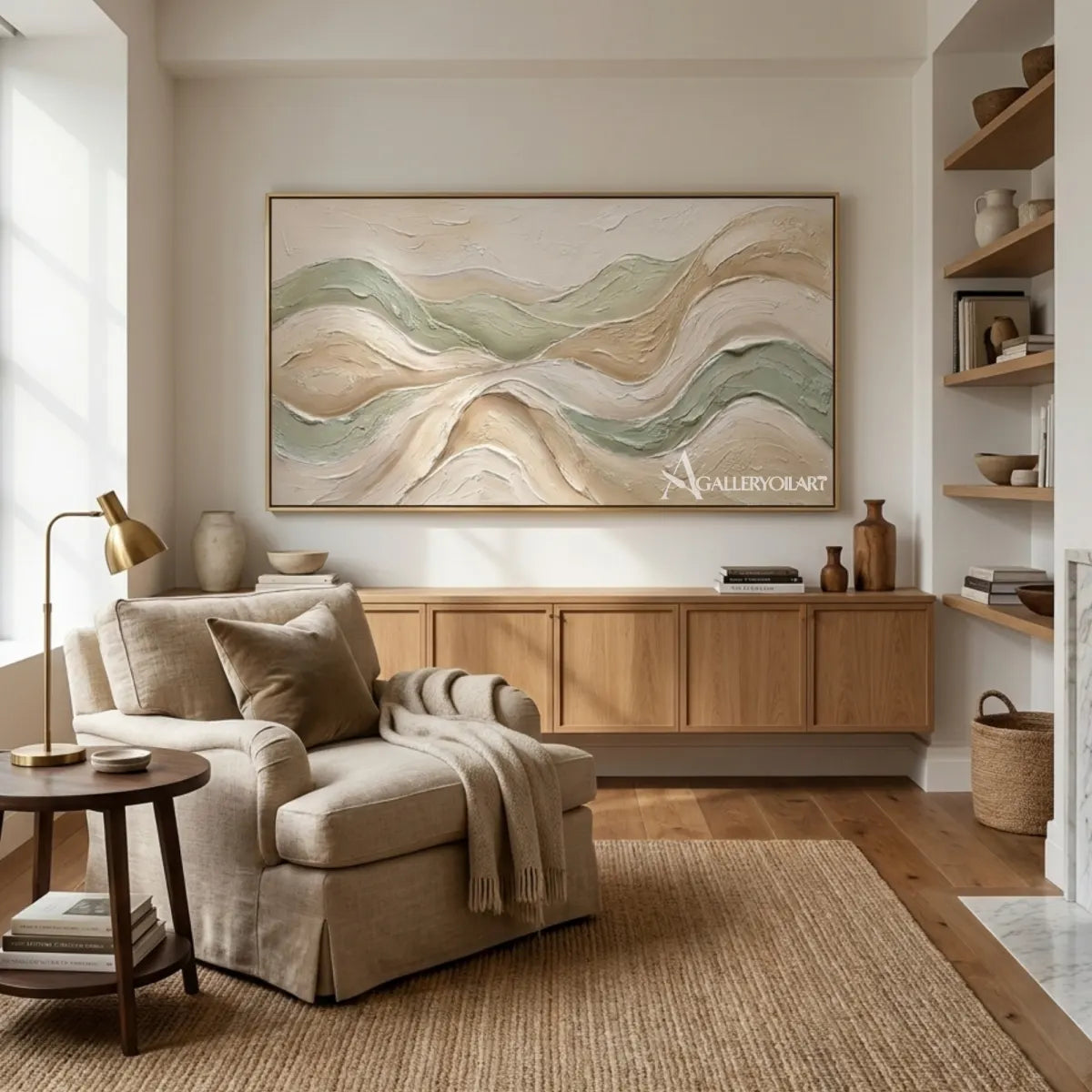 Textured-3D-layered-abstract-ridgelines-beige-wall-art-in-private-lounge