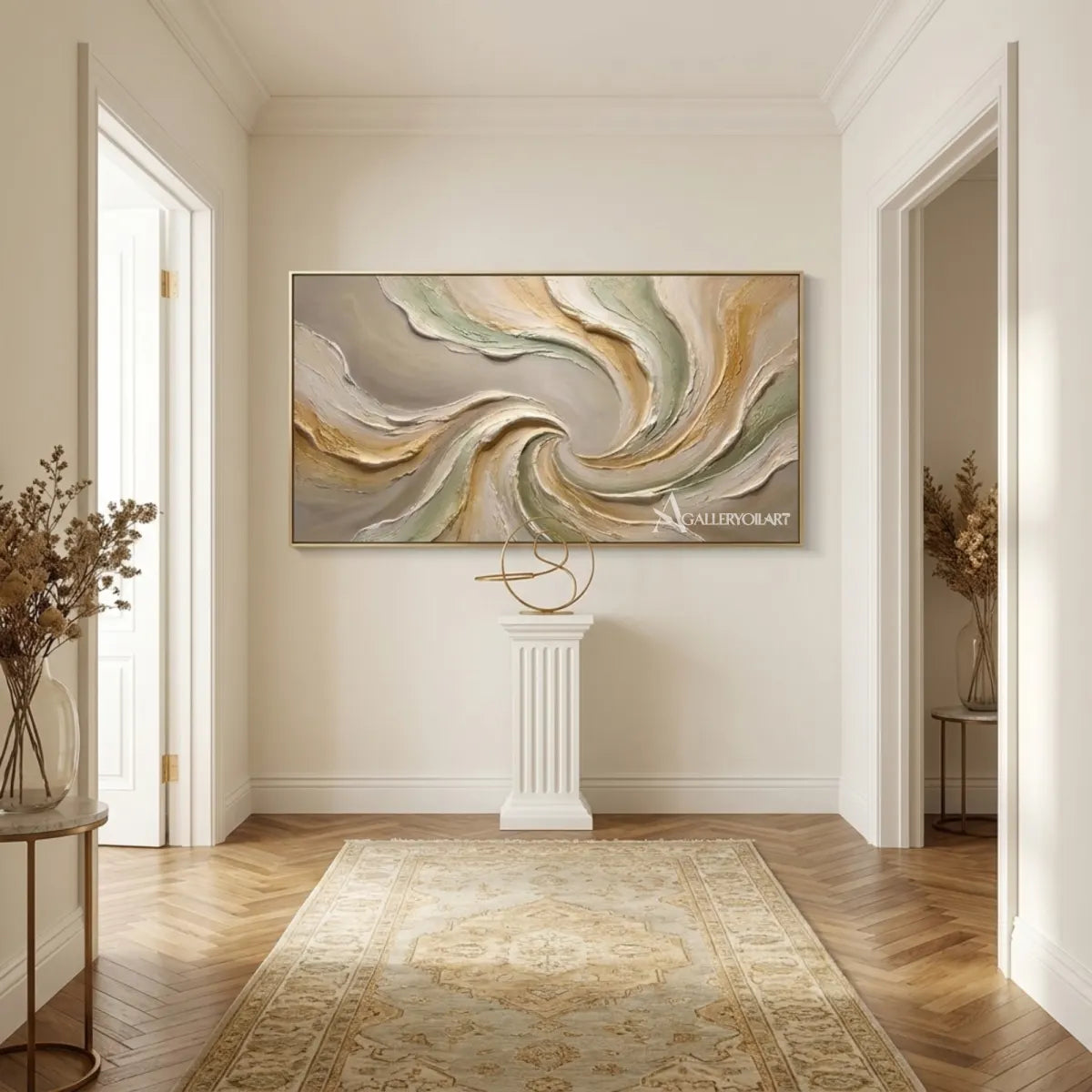 Textured-3D-Quiet-Spiral-in-green-and-cream-wall-art-in-a-hallway