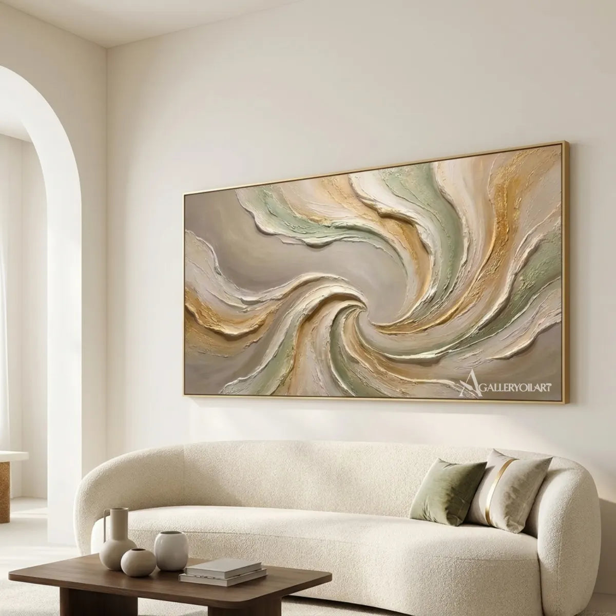 Textured-3D-Quiet-Spiral-in-green-and-cream-wall-art-in-a-living-room-detail