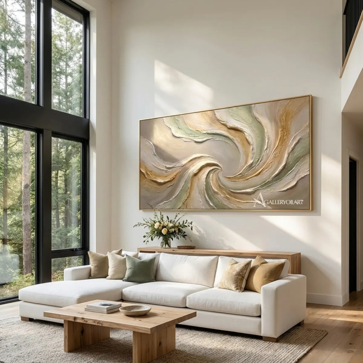 Textured-3D-Quiet-Spiral-in-green-and-cream-wall-art-in-a-living-room