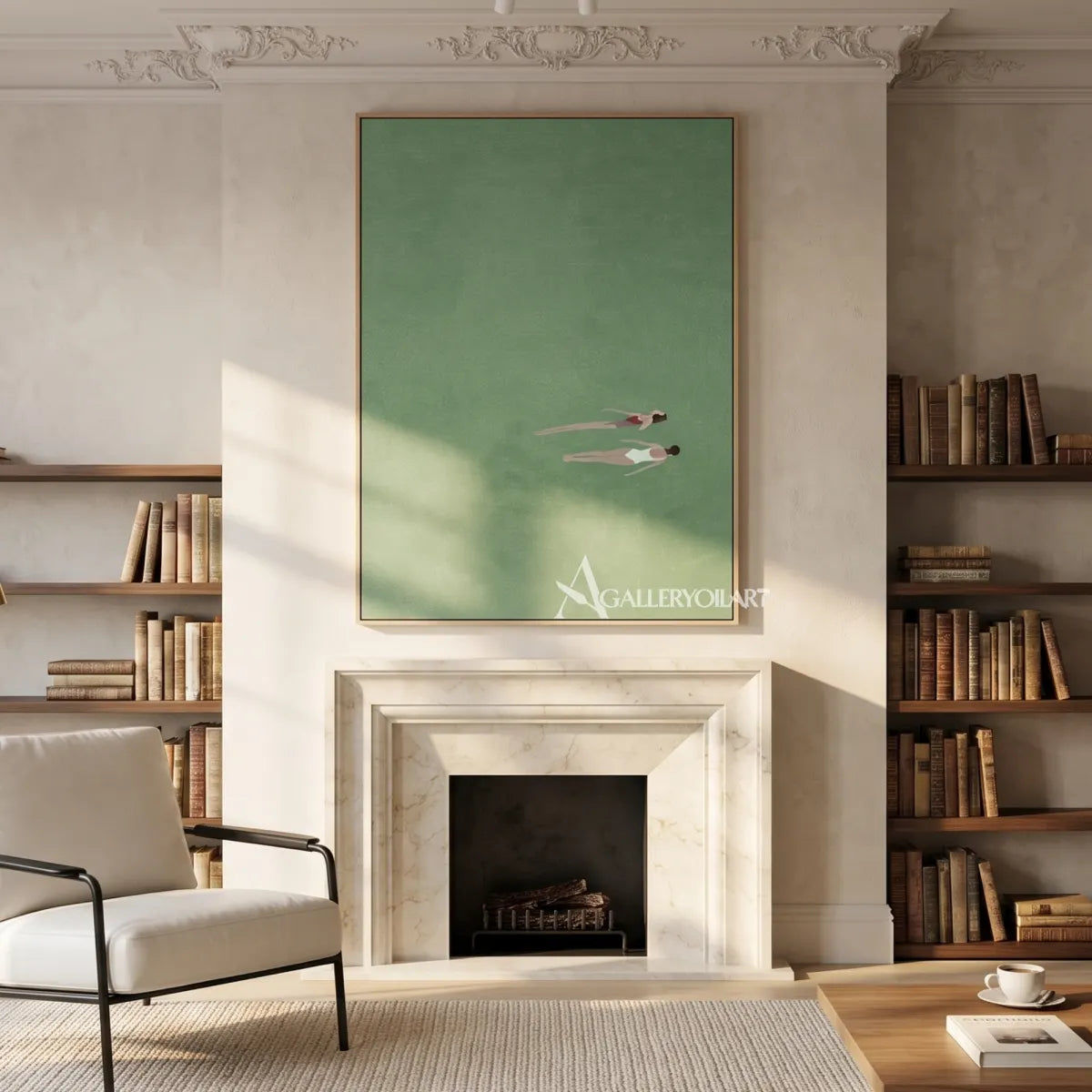 Minimalist-two-small-floating-figures-Sage-green-soft-white-blush-and-muted-coral-wall-art-in-bedroom