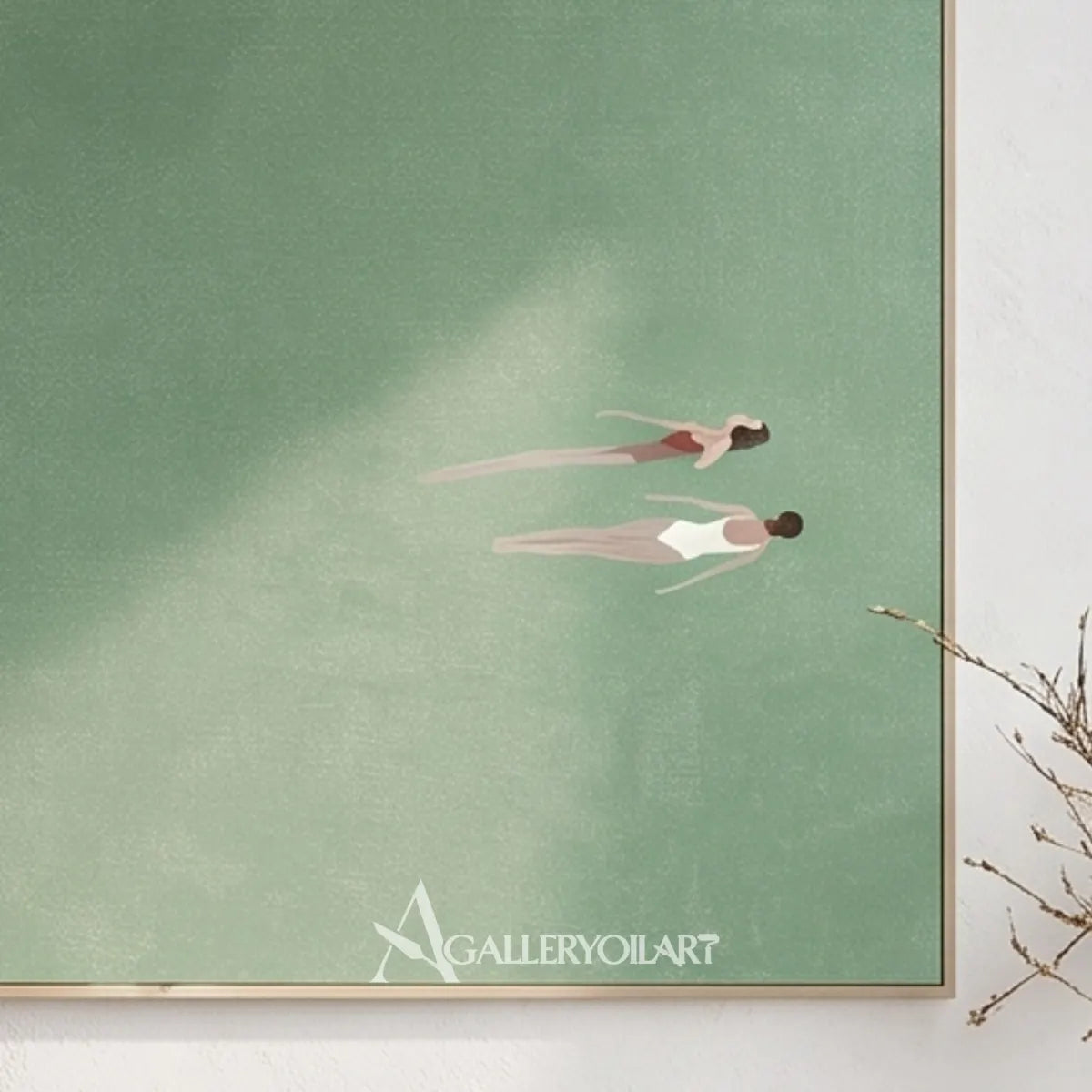 Minimalist-two-small-floating-figures-Sage-green-soft-white-blush-and-muted-coral-wall-art-in-detail