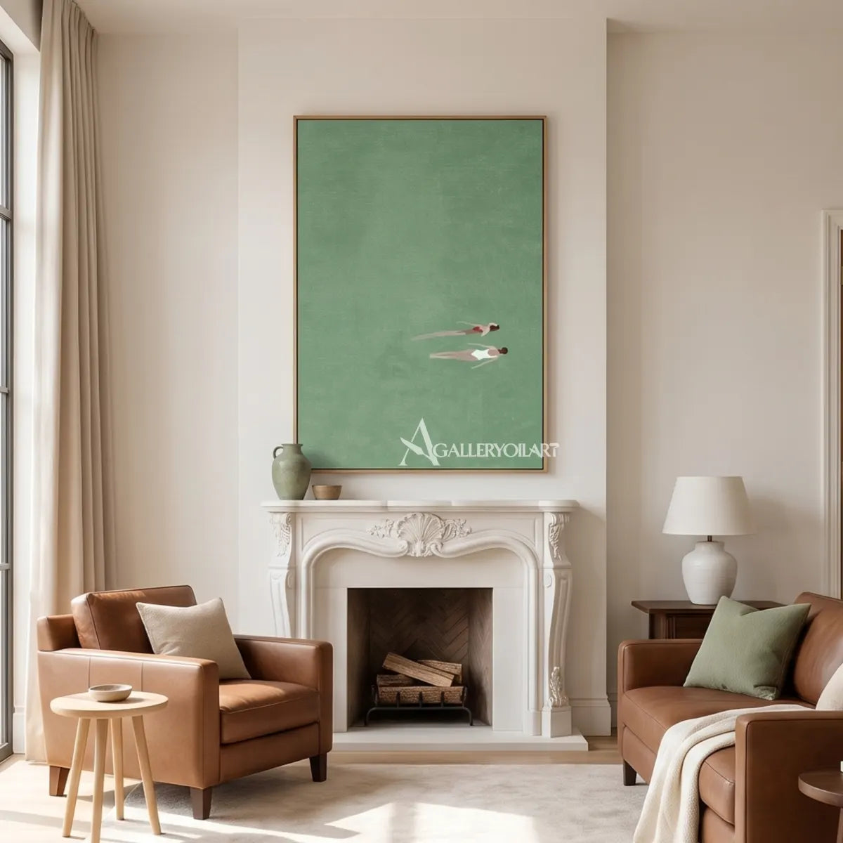 Minimalist-two-small-floating-figures-Sage-green-soft-white-blush-and-muted-coral-wall-art-in-fireplace-room