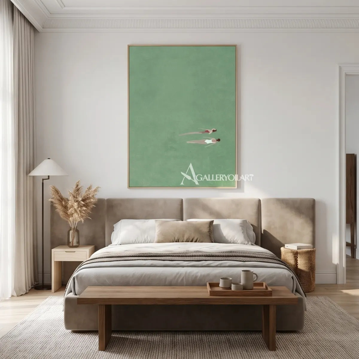 Minimalist-two-small-floating-figures-Sage-green-soft-white-blush-and-muted-coral-wall-art-in-great-room