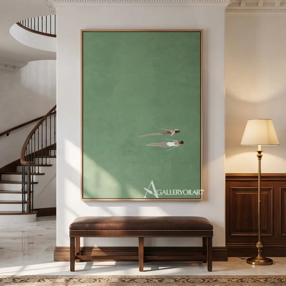 Minimalist-two-small-floating-figures-Sage-green-soft-white-blush-and-muted-coral-wall-art-in-hallway