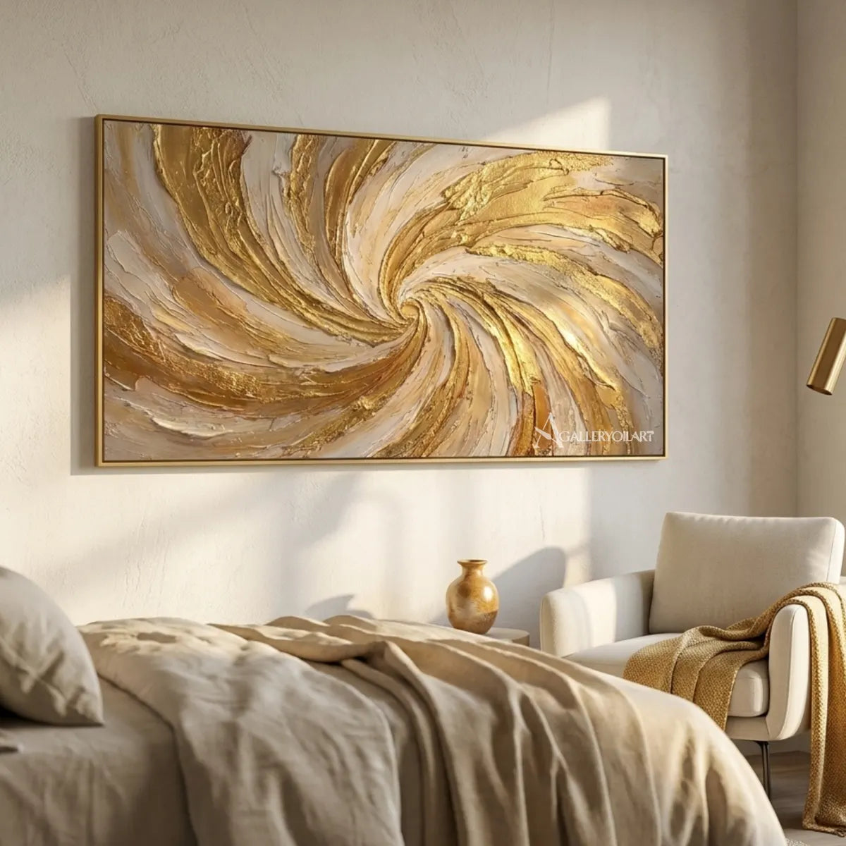 Textured-3D-Radiant-Spiral-in-gold-and-cream-wall-art-in-a-bedroom-reading-nook
