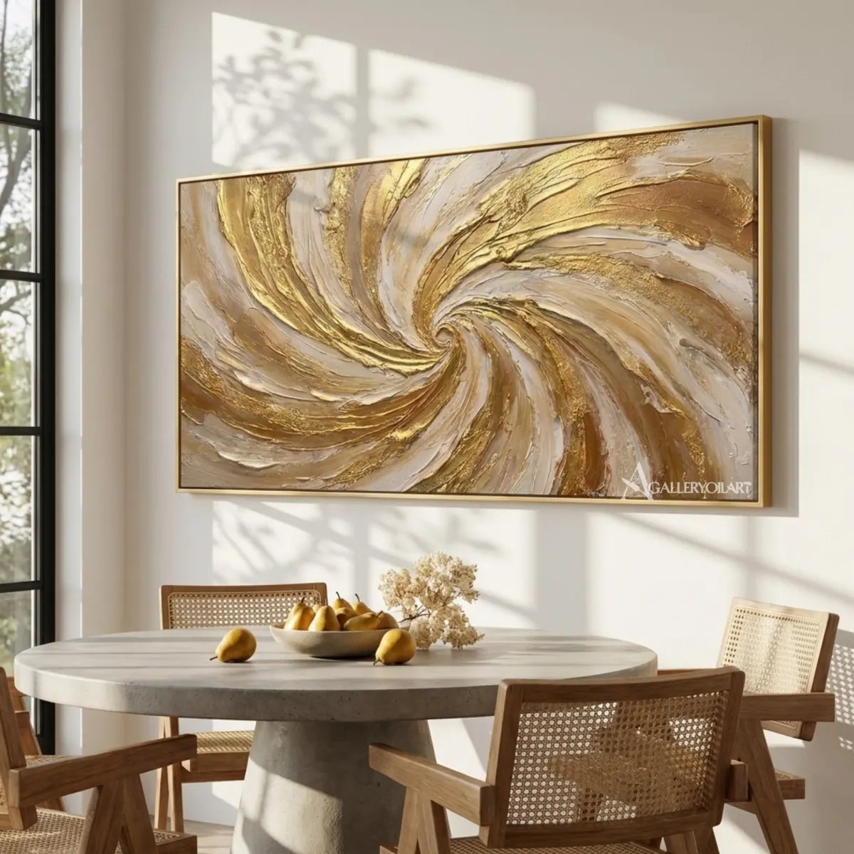 Textured-3D-Radiant-Spiral-in-gold-and-cream-wall-art-in-a-dining-room