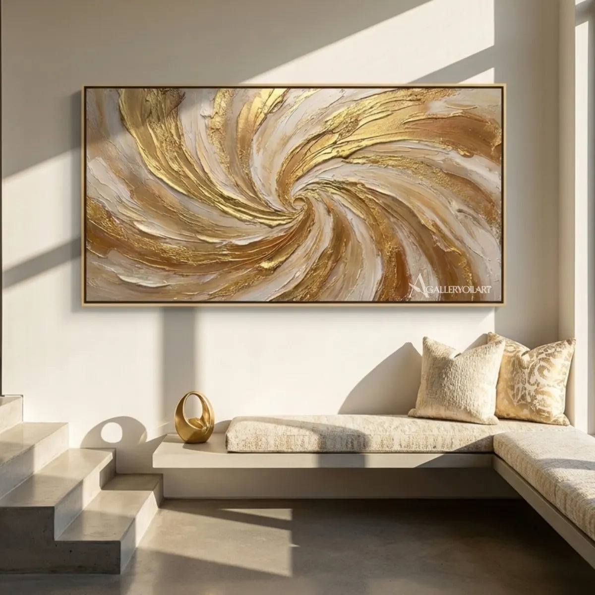 Textured-3D-Radiant-Spiral-in-gold-and-cream-wall-art-in-a-gallery-wall