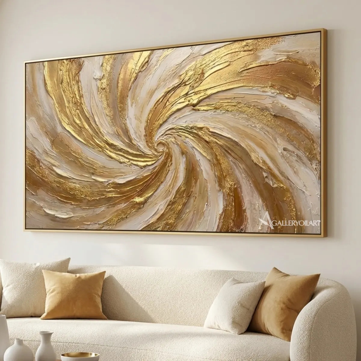 Textured-3D-Radiant-Spiral-in-gold-and-cream-wall-art-in-a-living-room-detail
