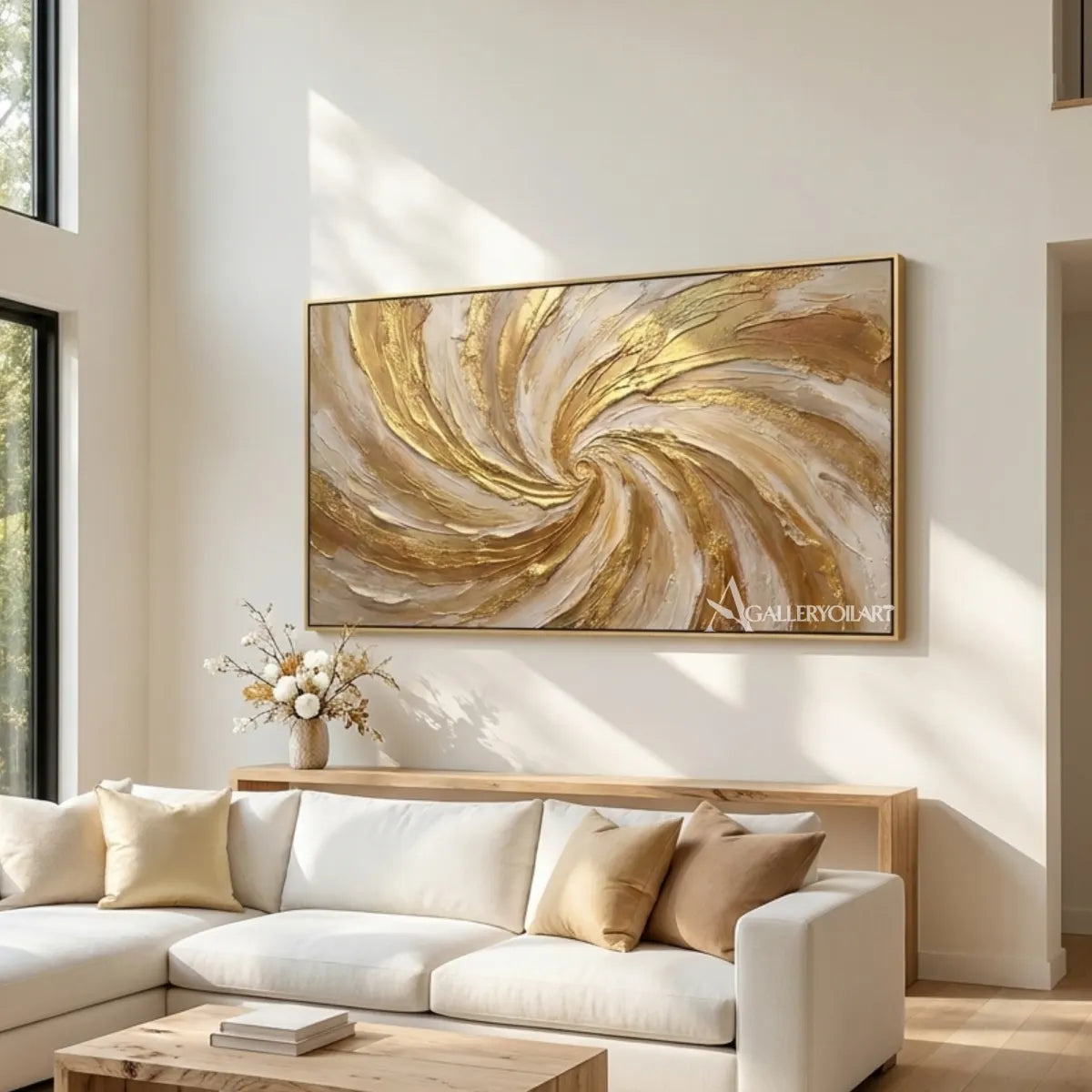 Textured-3D-Radiant-Spiral-in-gold-and-cream-wall-art-in-a-living-room