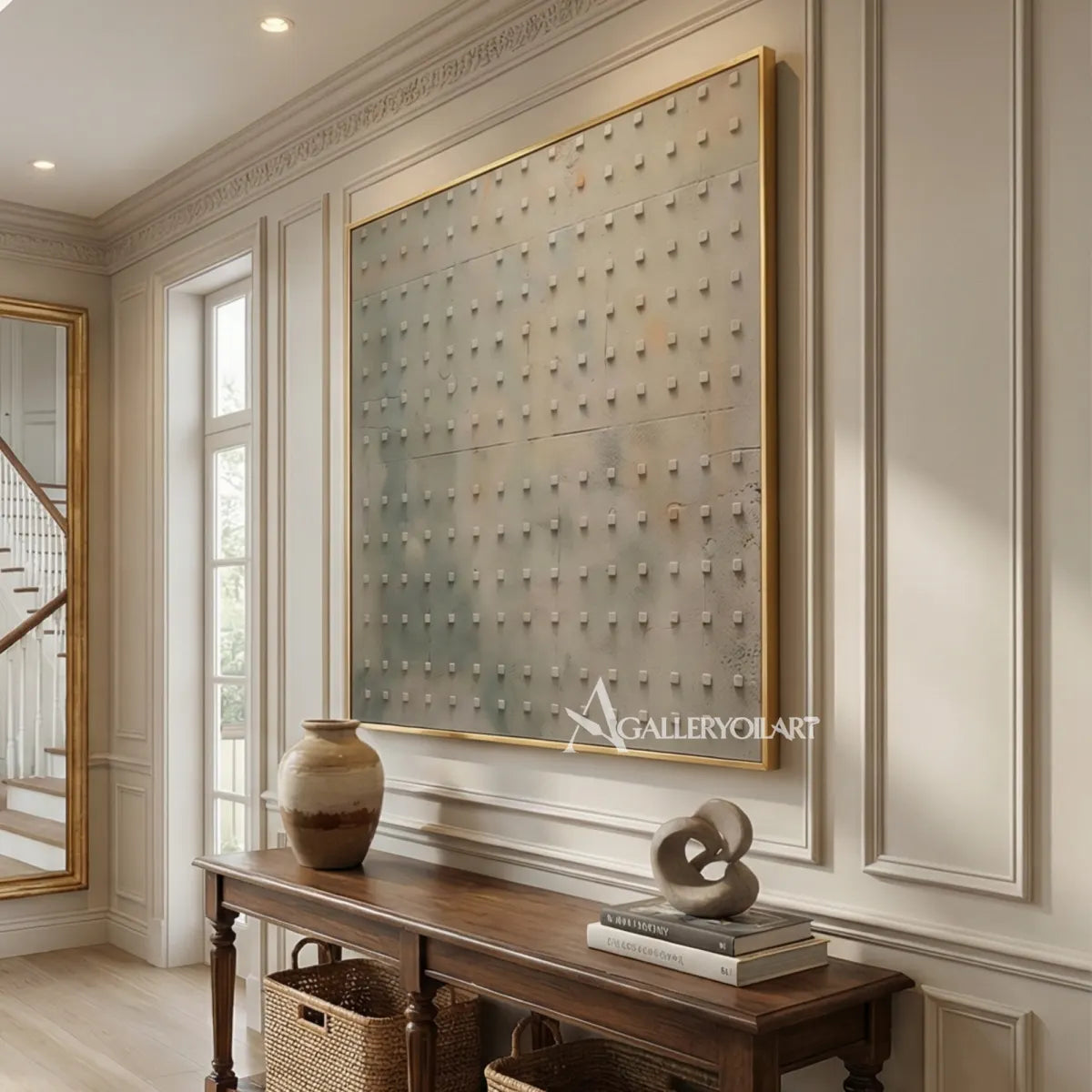 Textured-3D-a-field-of-raised-square-marks-Soft-gray-ivory-pale-beige-muted-sage-and-terracotta-wall-art-in-angled-view