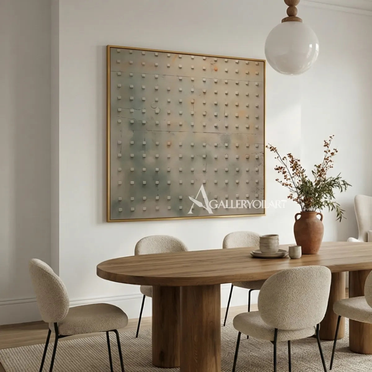 Textured-3D-a-field-of-raised-square-marks-Soft-gray-ivory-pale-beige-muted-sage-and-terracotta-wall-art-in-dining-room
