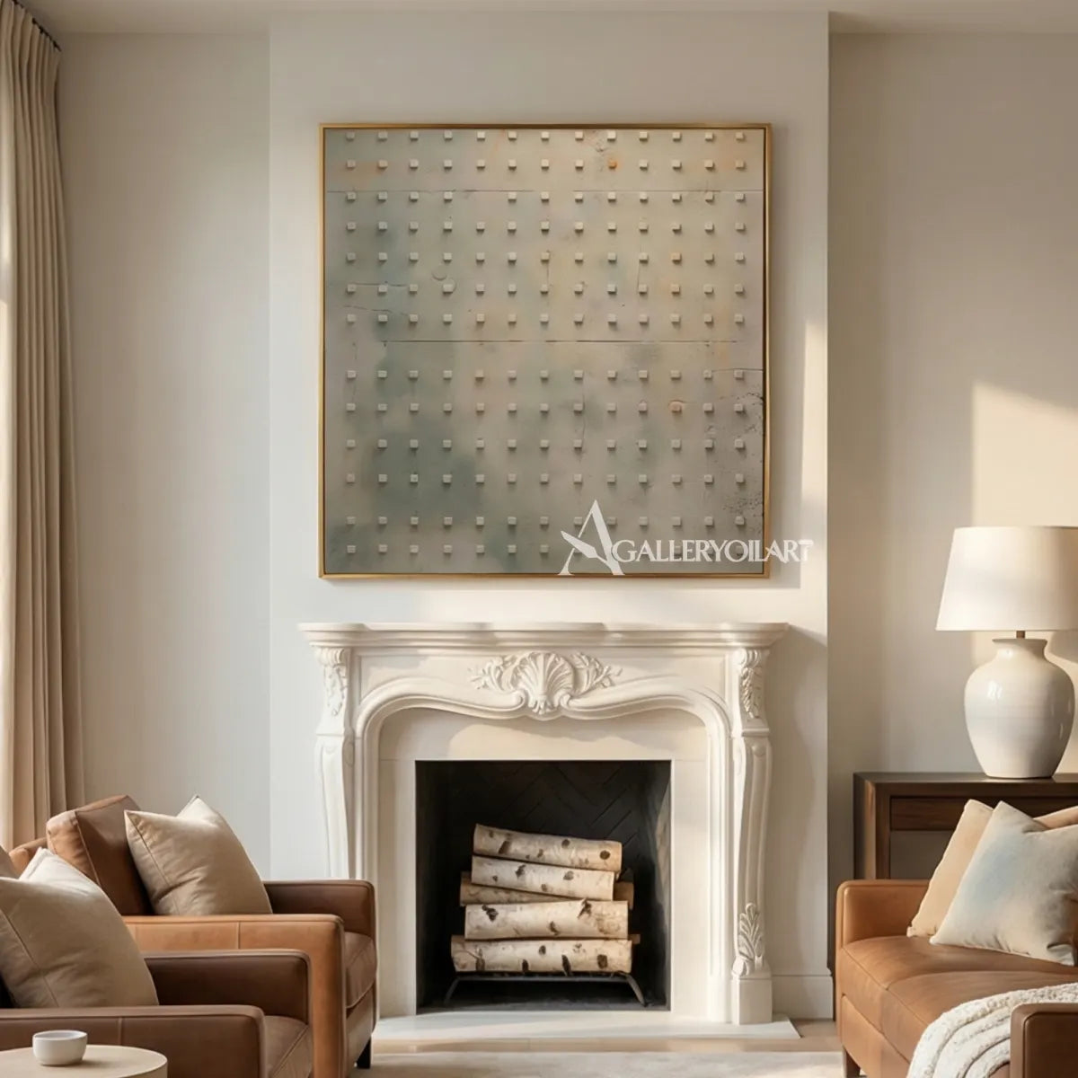 Textured-3D-a-field-of-raised-square-marks-Soft-gray-ivory-pale-beige-muted-sage-and-terracotta-wall-art-in-fireplace-room