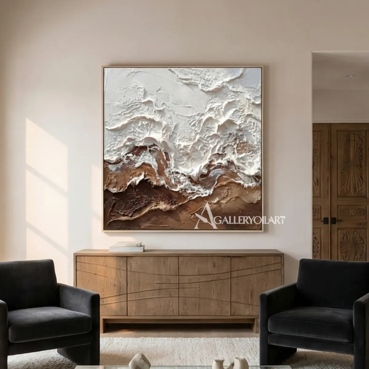 textured-3d-raised-mountain-ridges-matte-white-ivory-umber-brown-taupe-and-charcoal-wall-art-in-console-room