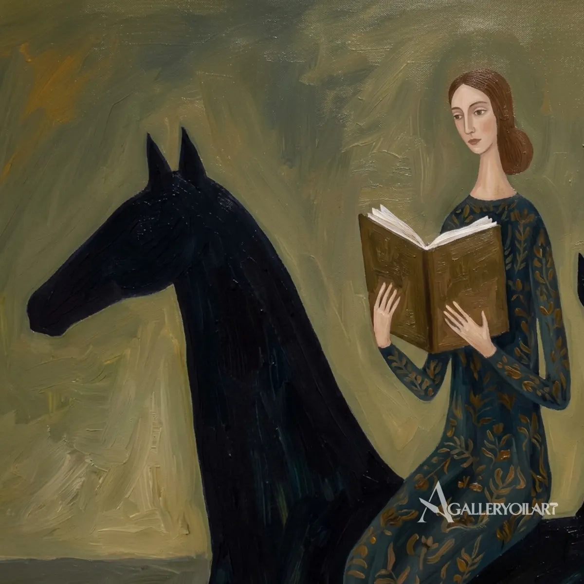 close-detail-of-a-woman-reading-beside-a-black-horse-western-cowboy-art-olive-green-painted-texture