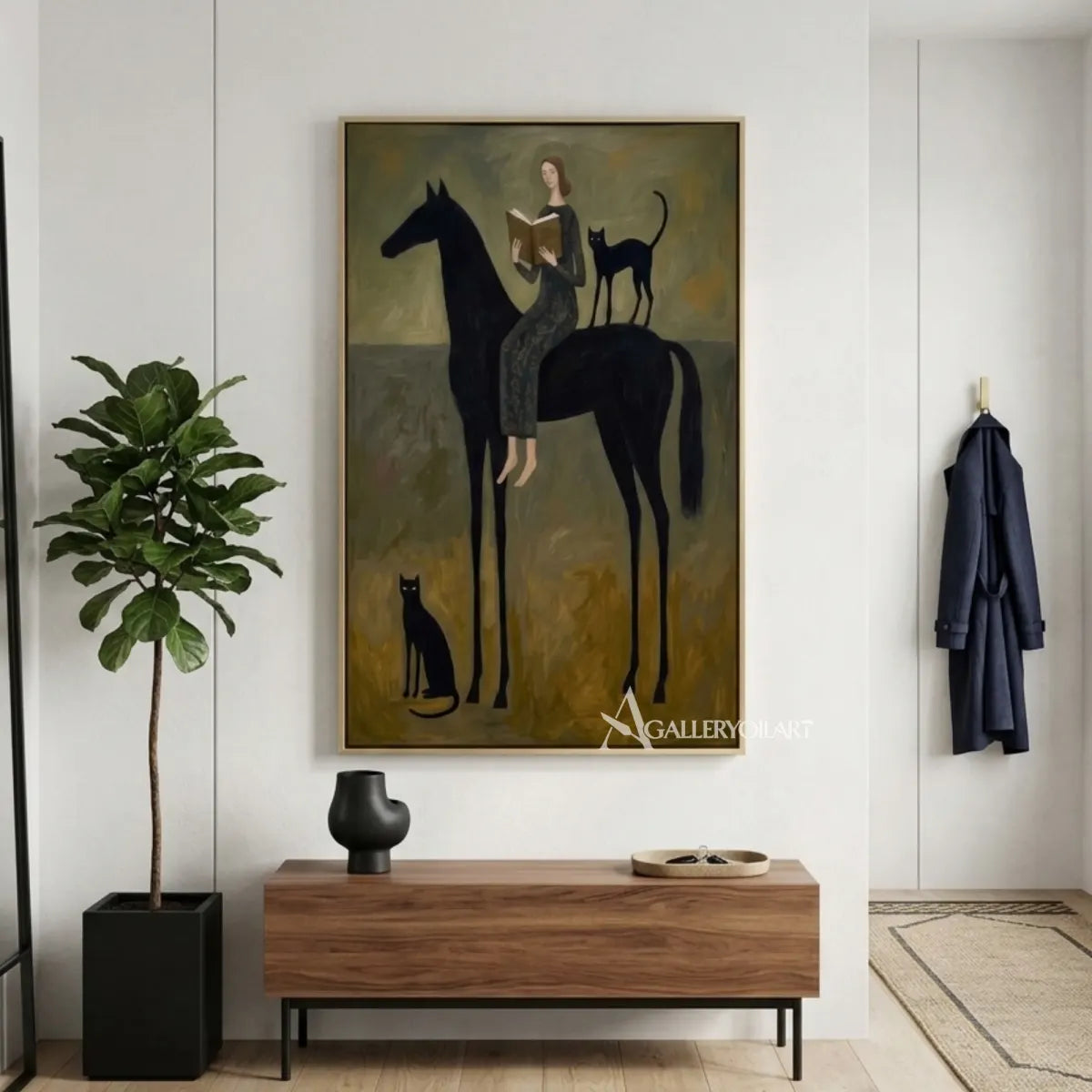 woman-reading-beside-a-black-horse-western-cowboy-art-olive-green-painting-in-a-modern-entryway