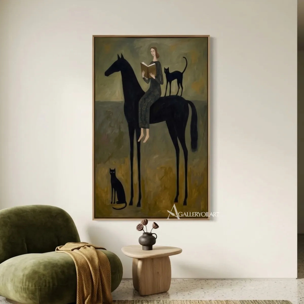woman-reading-beside-a-black-horse-western-cowboy-art-olive-green-painting-in-a-gallery