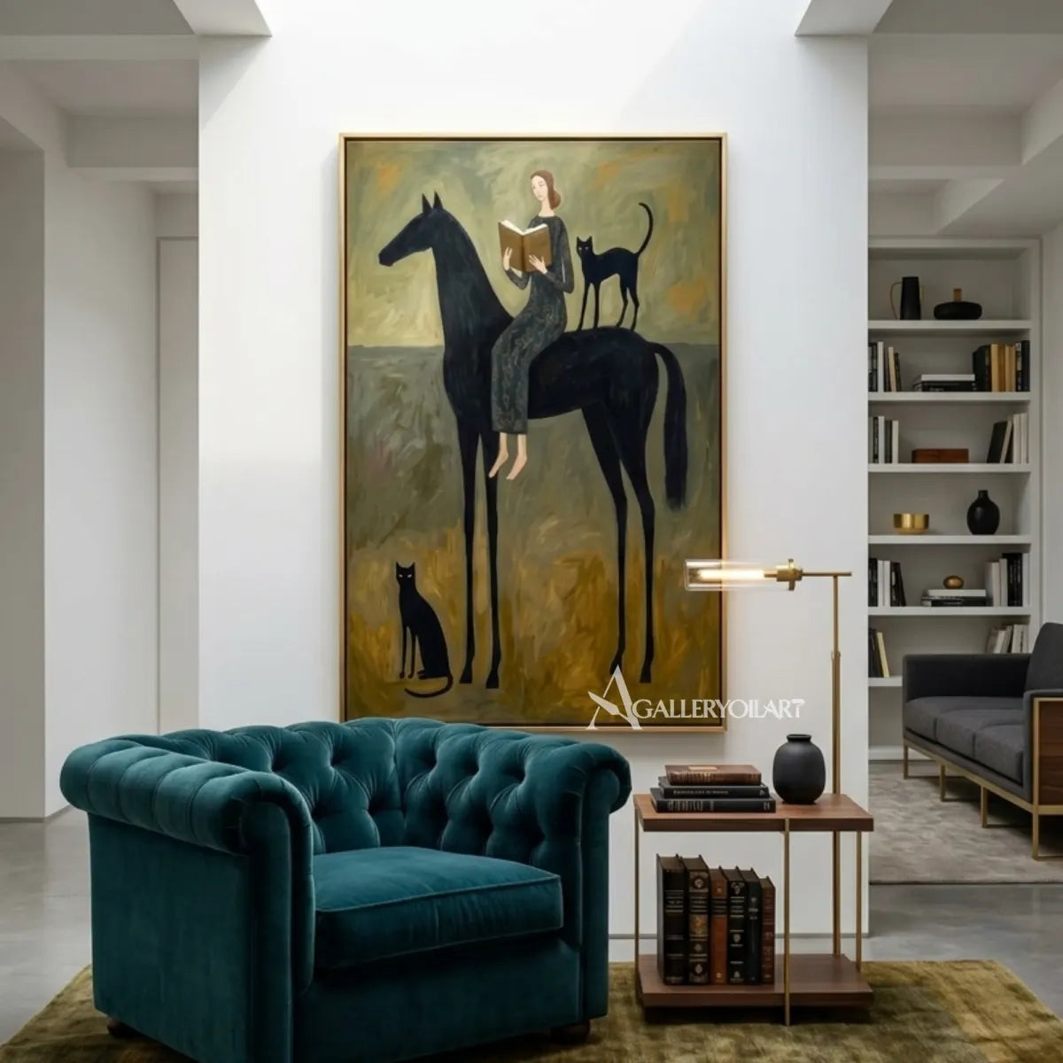 woman-reading-beside-a-black-horse-western-cowboy-art-olive-green-painting-in-a-private-lounge