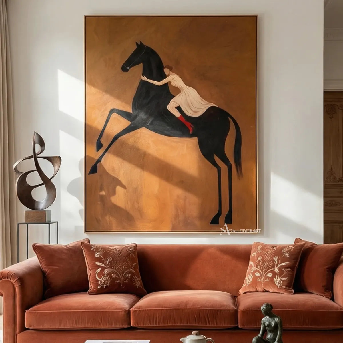 Western-cowboy-art-of-a-woman-riding-a-rearing-black-horse-against-a-brown-ground-in-a-warm-living-room