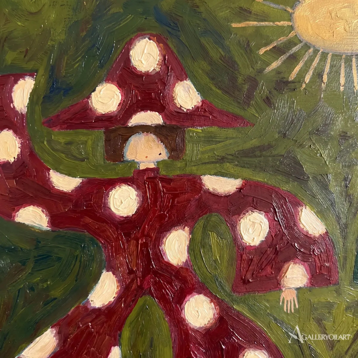 close-up-of-a-red-and-cream-spotted-mushroom-figure-against-green-folk-art-brushwork