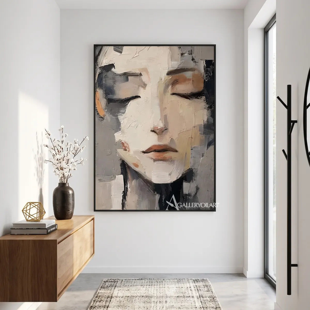 close-up-of-a-resting-woman-face-portrait-art-gray-and-ivory-wall-art-in-a-gallery-style-room