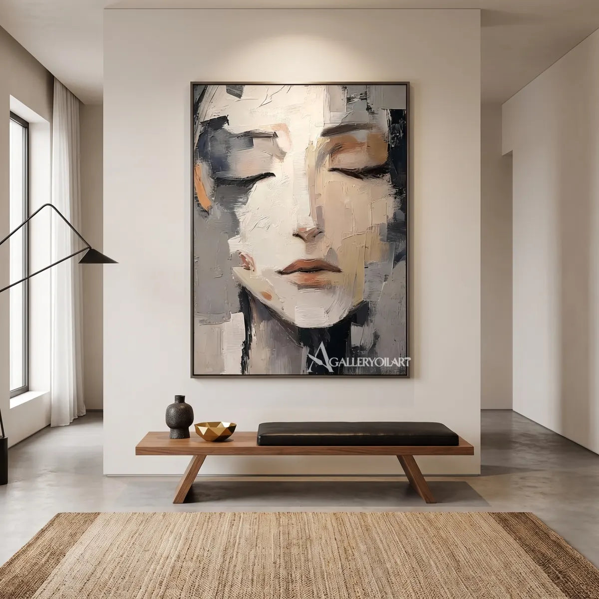 close-up-of-a-resting-woman-face-portrait-art-gray-and-ivory-wall-art-above-a-console