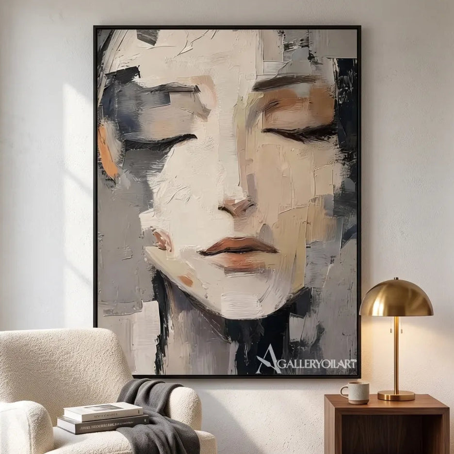 close-up-of-a-resting-woman-face-portrait-art-gray-and-ivory-wall-art-in-a-cozy-reading-room