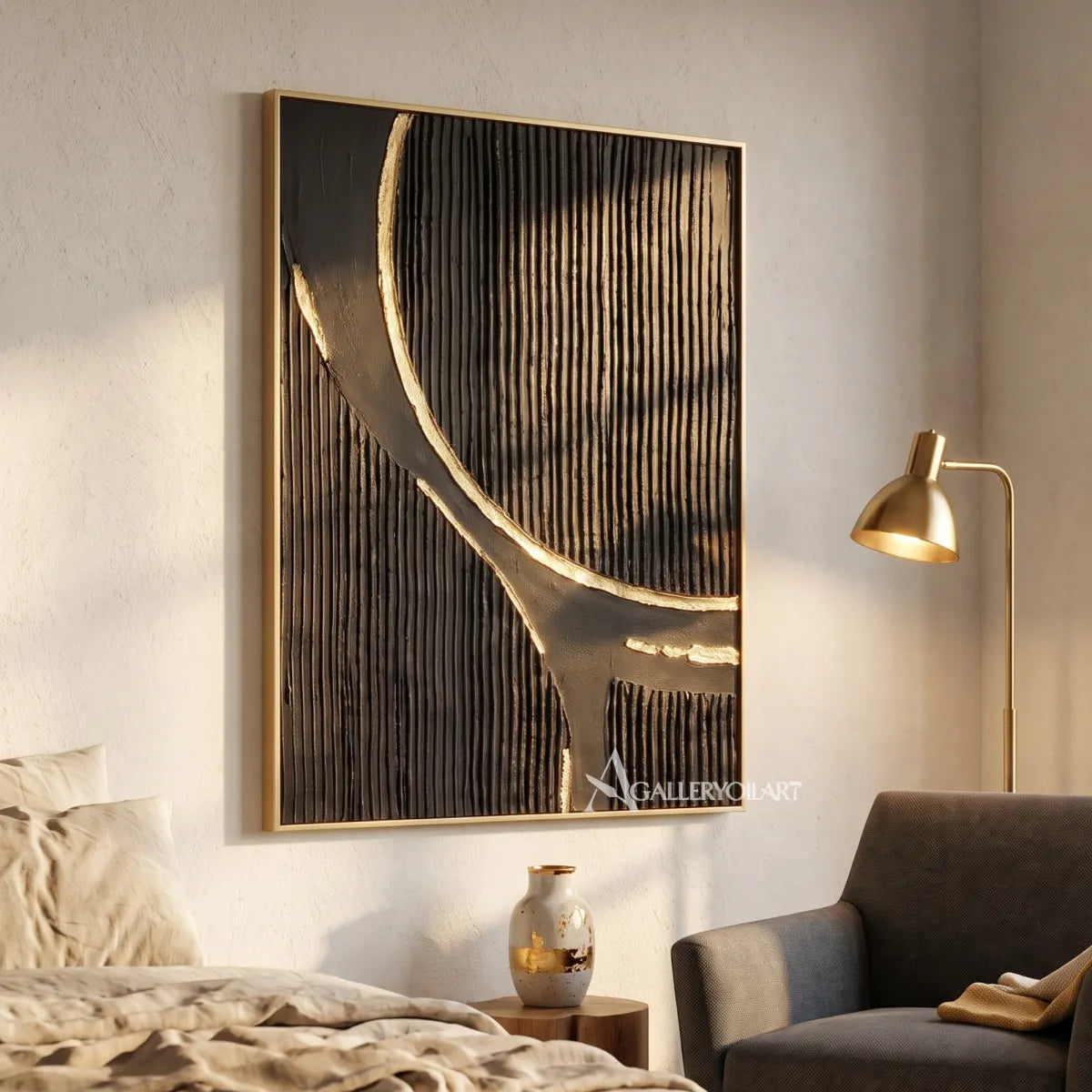 Textured 3D sweeping ribbon crossing a black relief field-in-bedroom-reading-nook