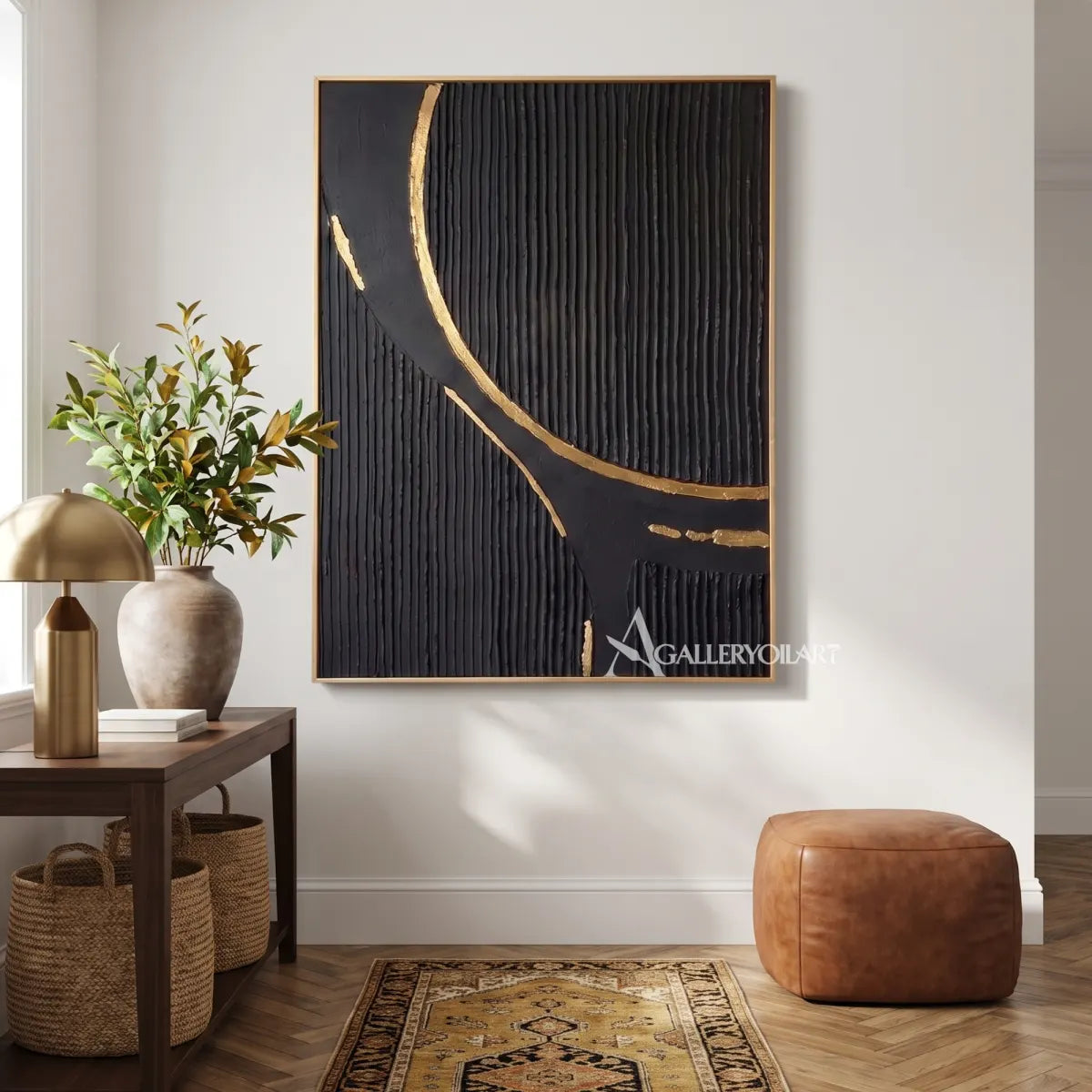 Textured 3D sweeping ribbon crossing a black relief field-in-modern-entryway