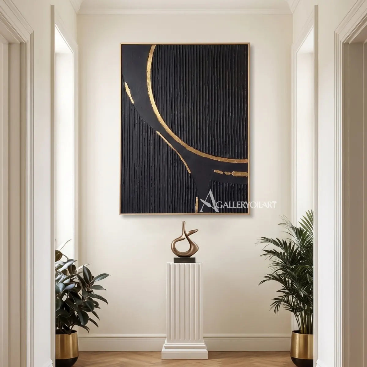 Textured 3D sweeping ribbon crossing a black relief field-in-symmetrical-hallway