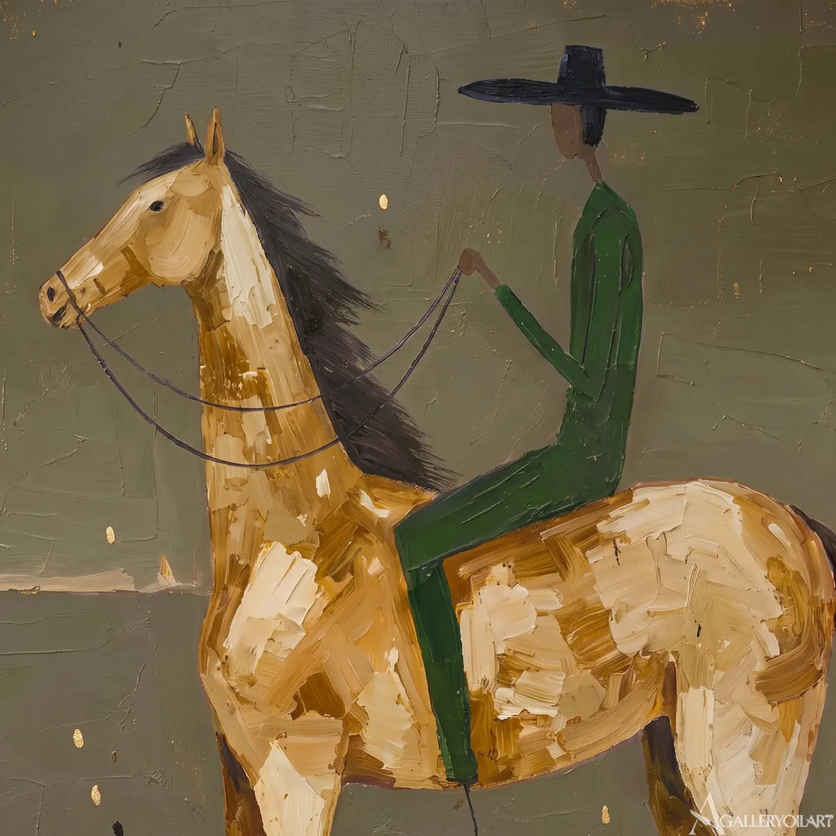 rider on a horse across stillness-western-cowboy-art-green-wall-art-in-close-up-detail