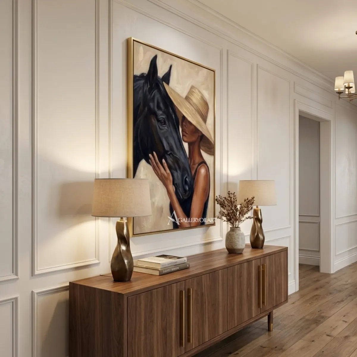 Woman-in-a-tan-hat-leaning-close-to-a-black-horse-in-a-warm-neutral-painting-in-hallway