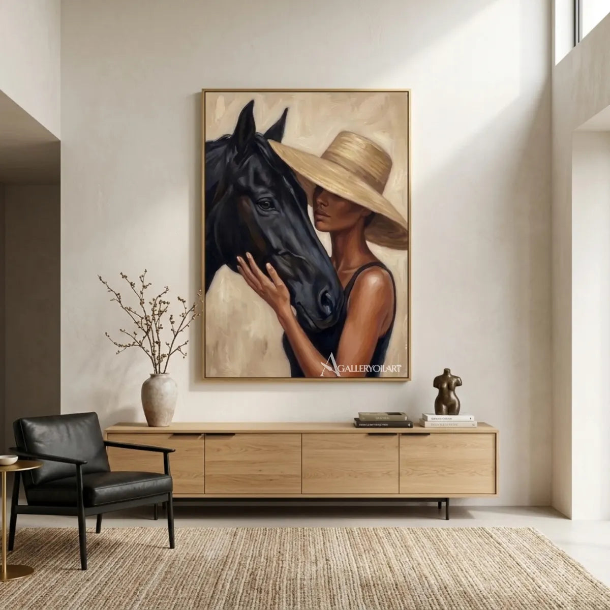 Woman-in-a-tan-hat-leaning-close-to-a-black-horse-in-a-warm-neutral-painting-in-painted-detail