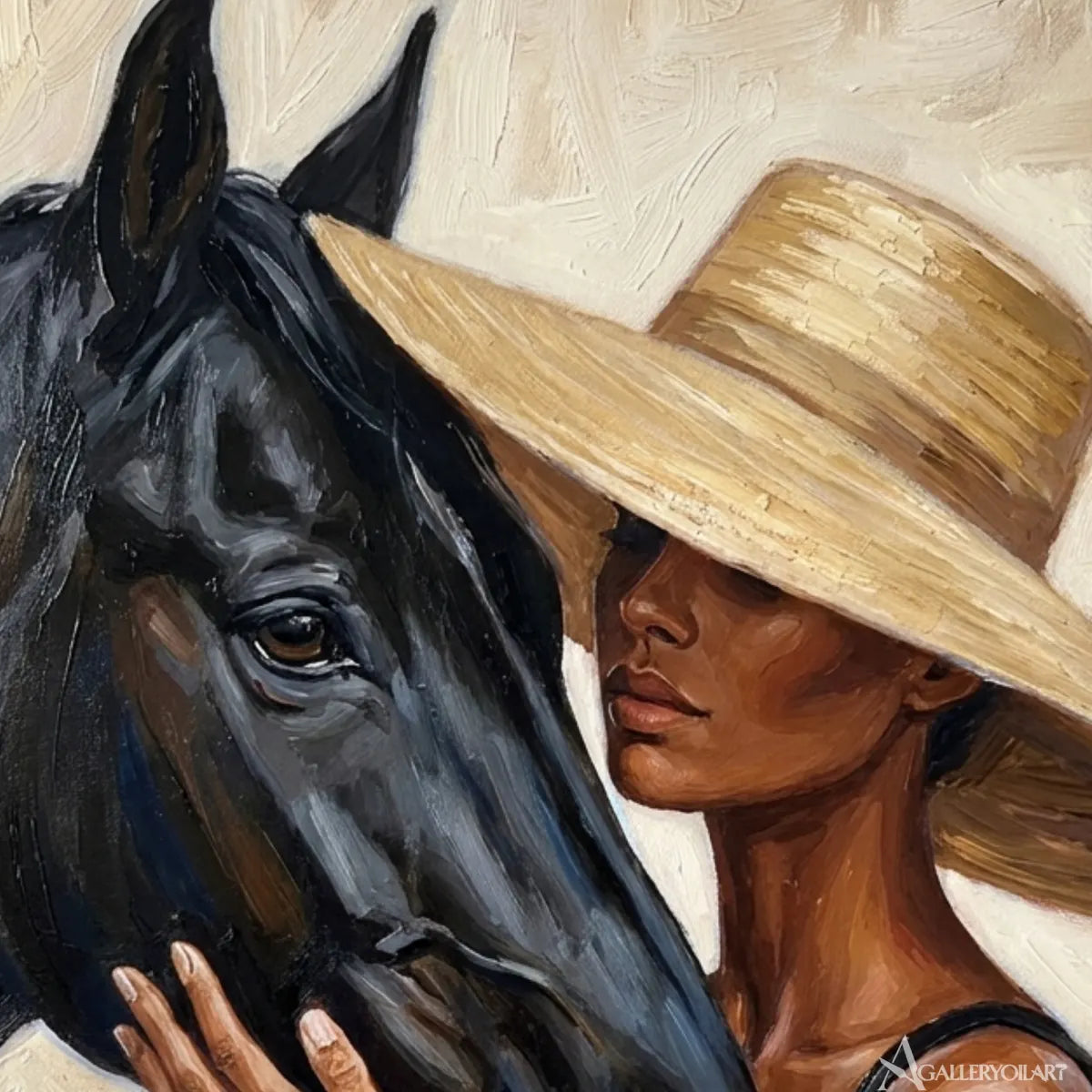 Woman-in-a-tan-hat-leaning-close-to-a-black-horse-in-a-warm-neutral-painting-in-quiet-interior