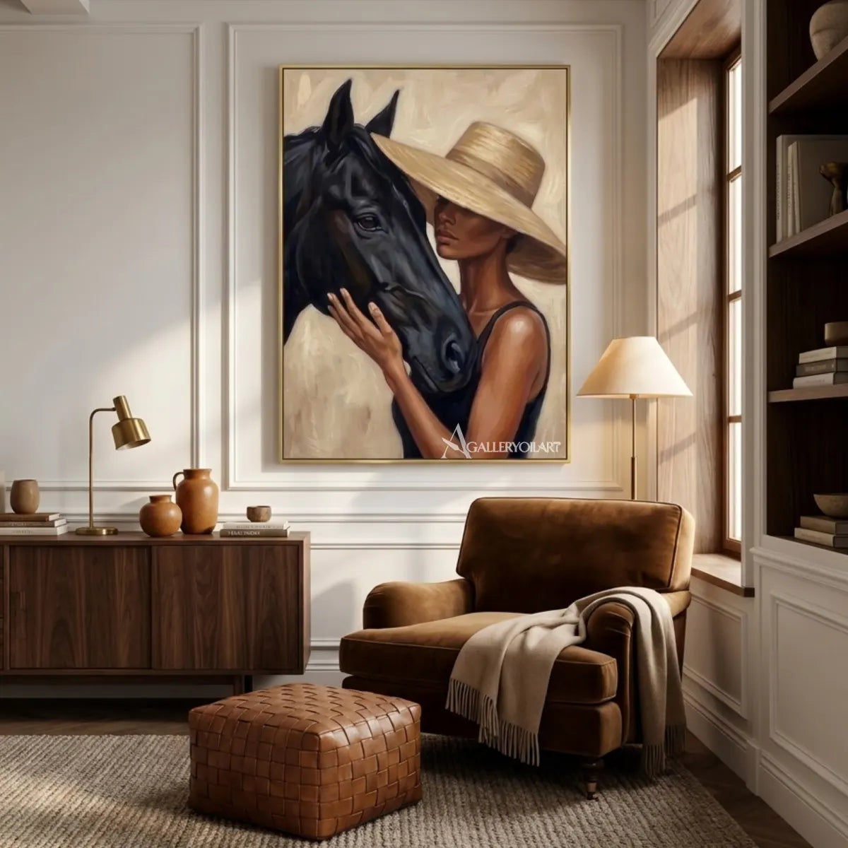 Woman-in-a-tan-hat-leaning-close-to-a-black-horse-in-a-warm-neutral-painting-in-reading-room
