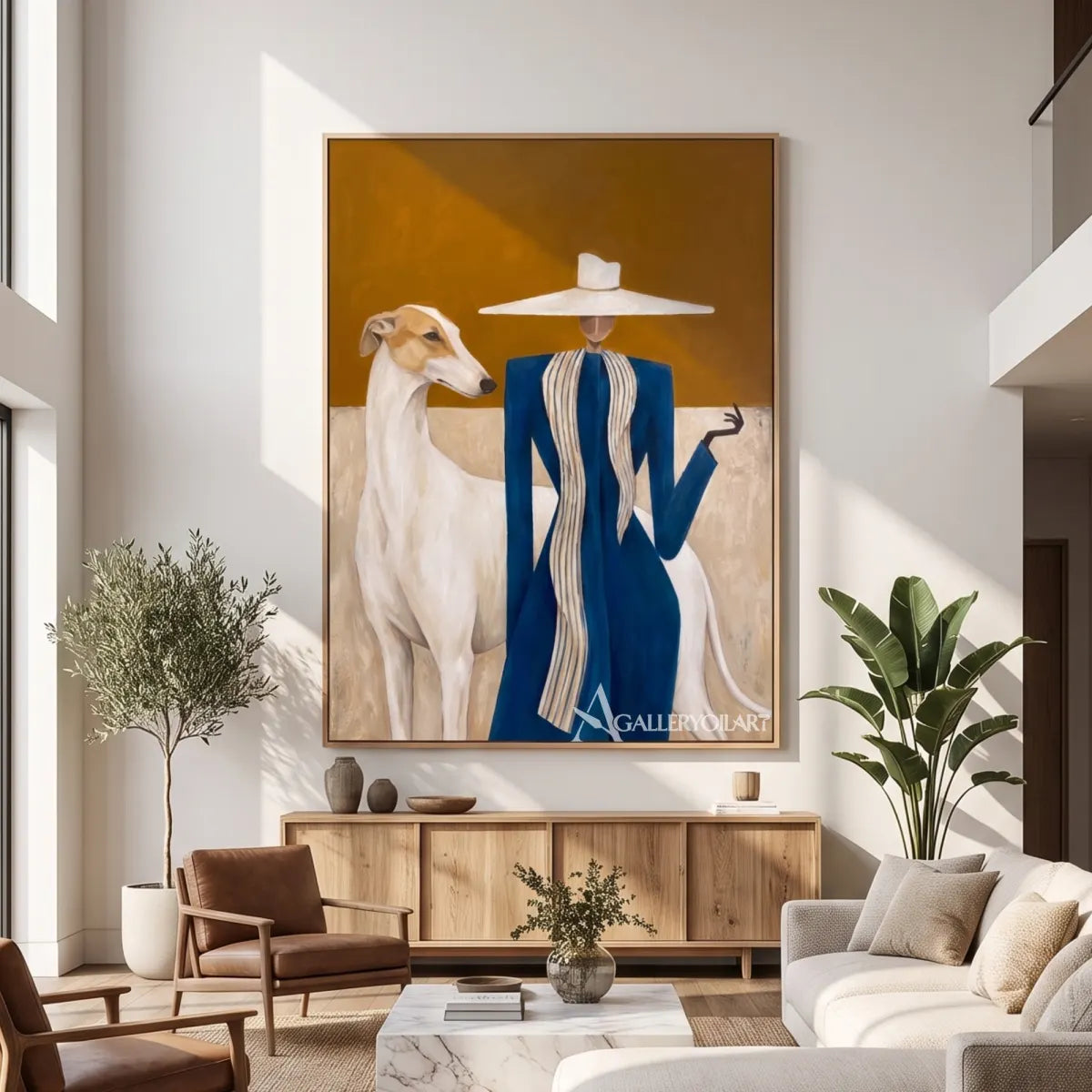 Blue-clad-rider-and-white-horse-against-a-golden-ground-in-airy-room