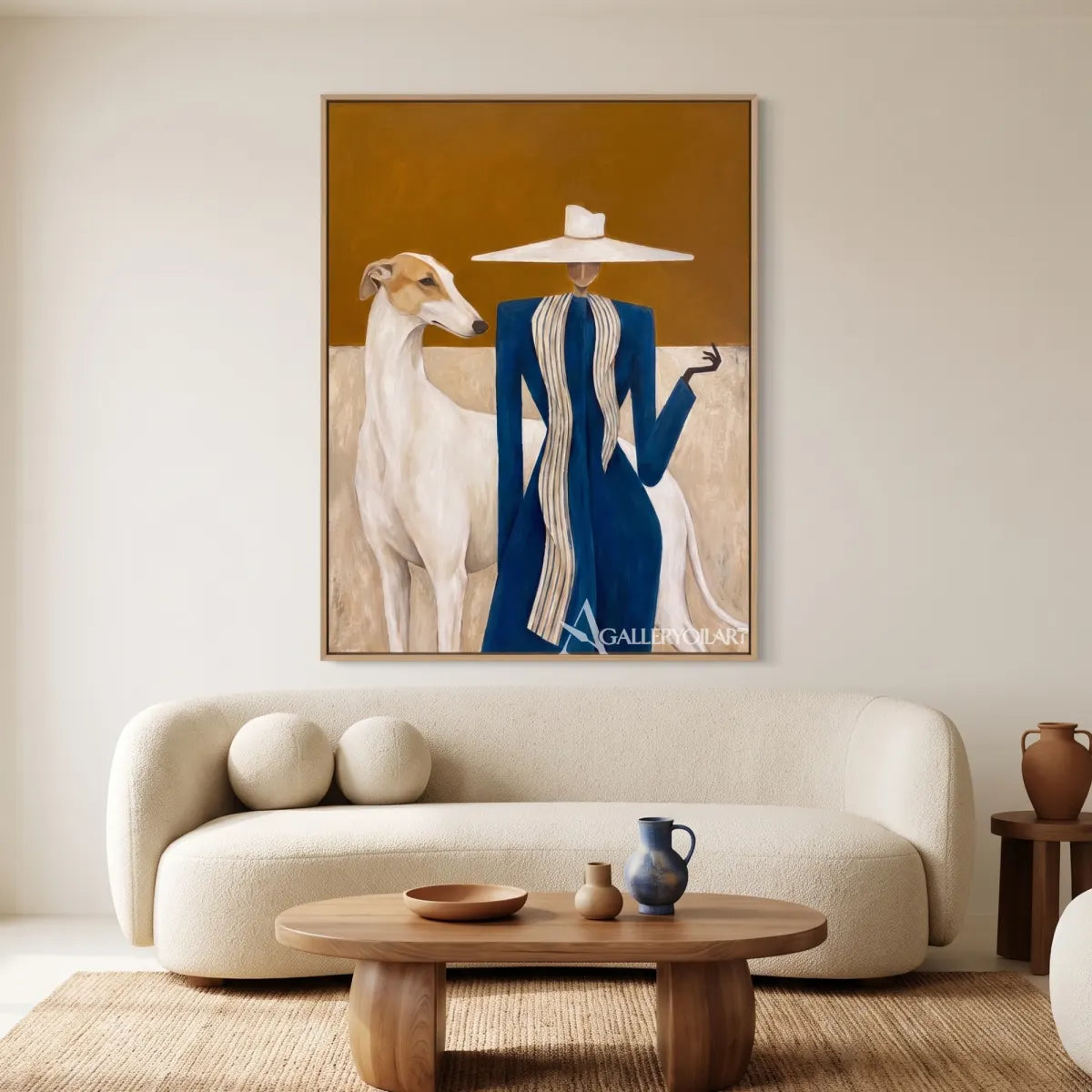 Blue-clad-rider-and-white-horse-against-a-golden-ground-in-gallery-room