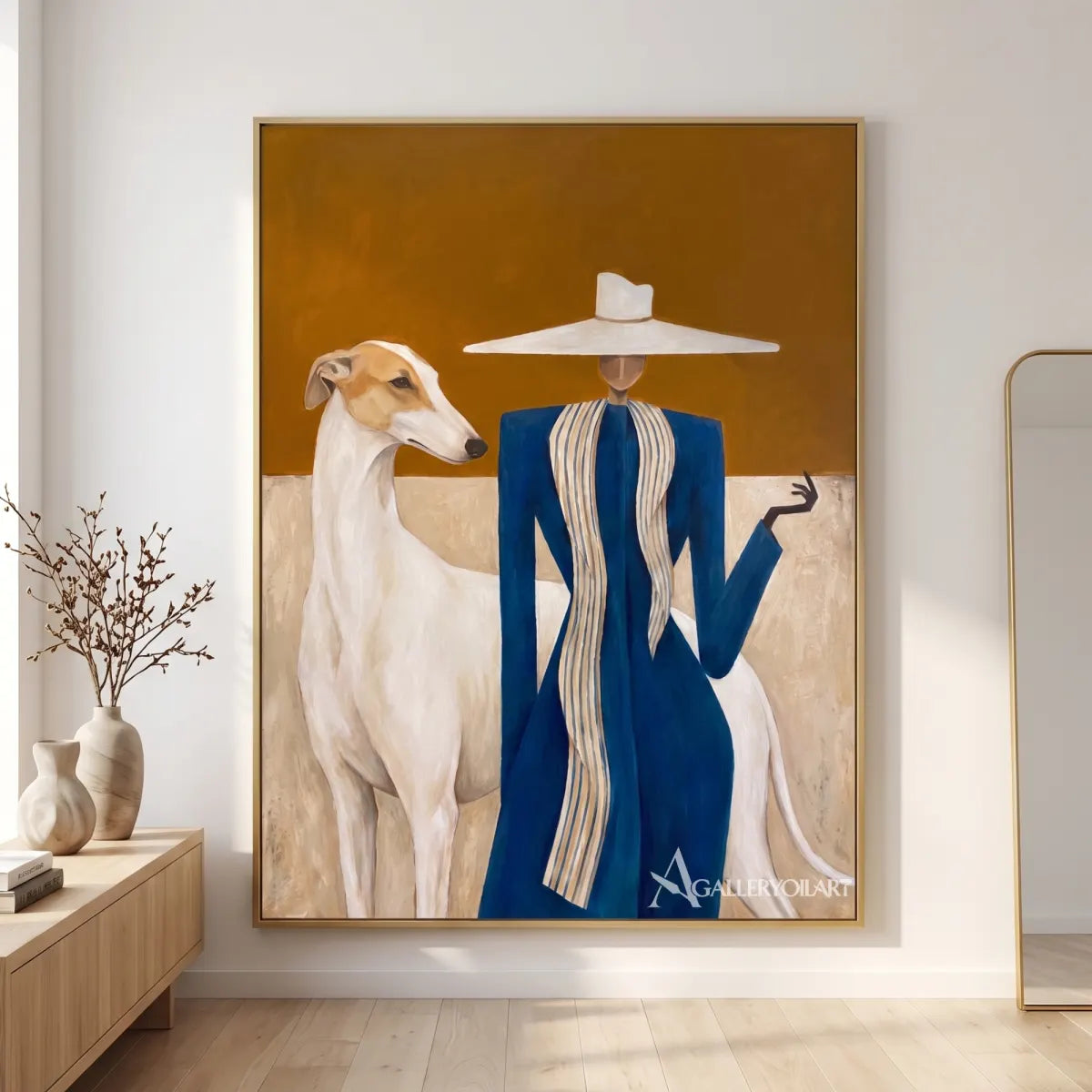 Blue-clad-rider-and-white-horse-against-a-golden-ground-in-minimalist-interior