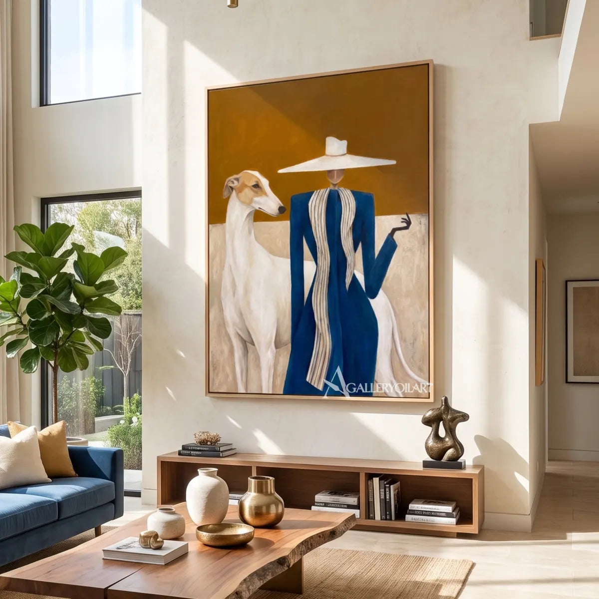 Blue-clad-rider-and-white-horse-against-a-golden-ground-in-modern-lounge