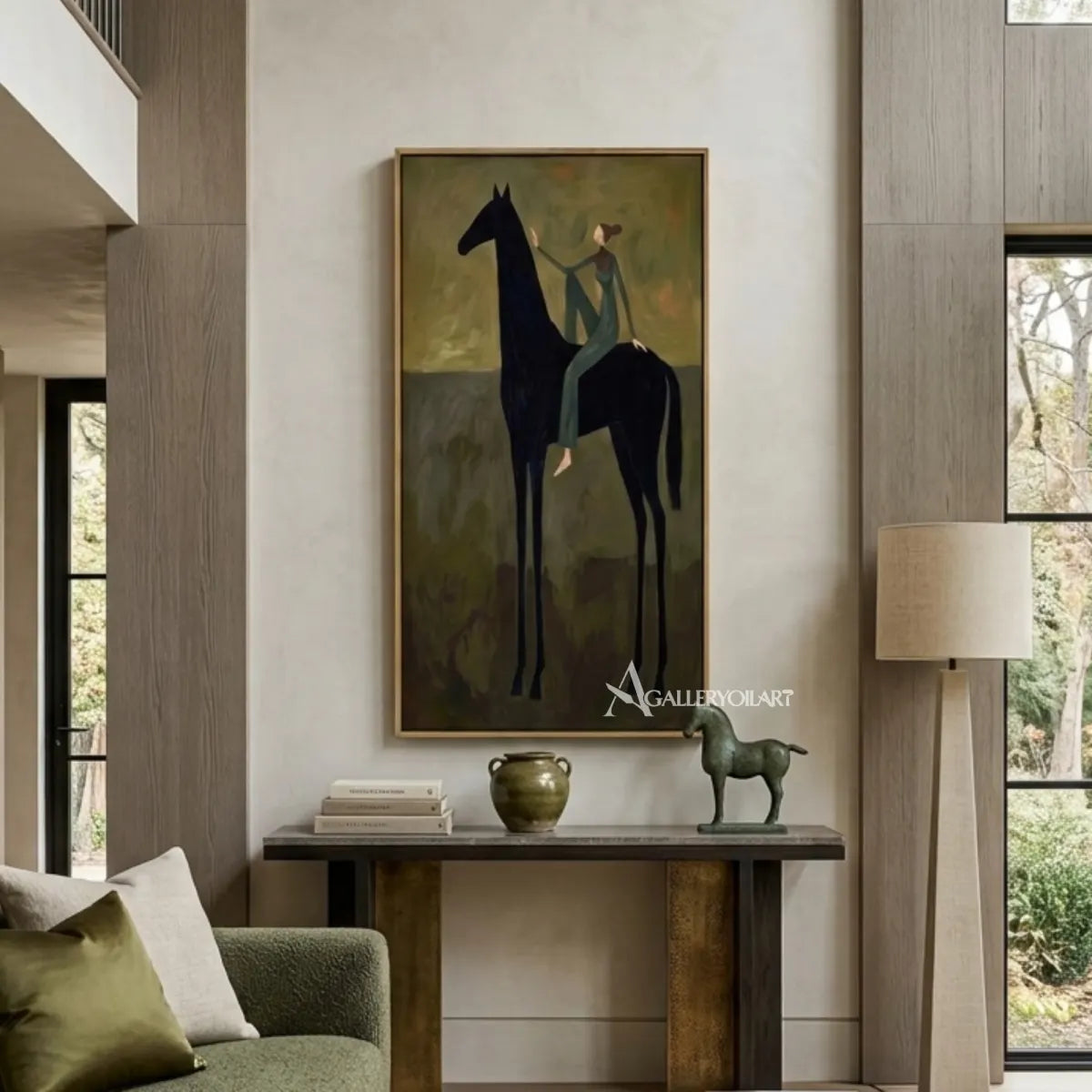 Western-cowboy-art-of-a-teal-clad-rider-on-a-black-horse-against-an-olive-ground-above-a-console