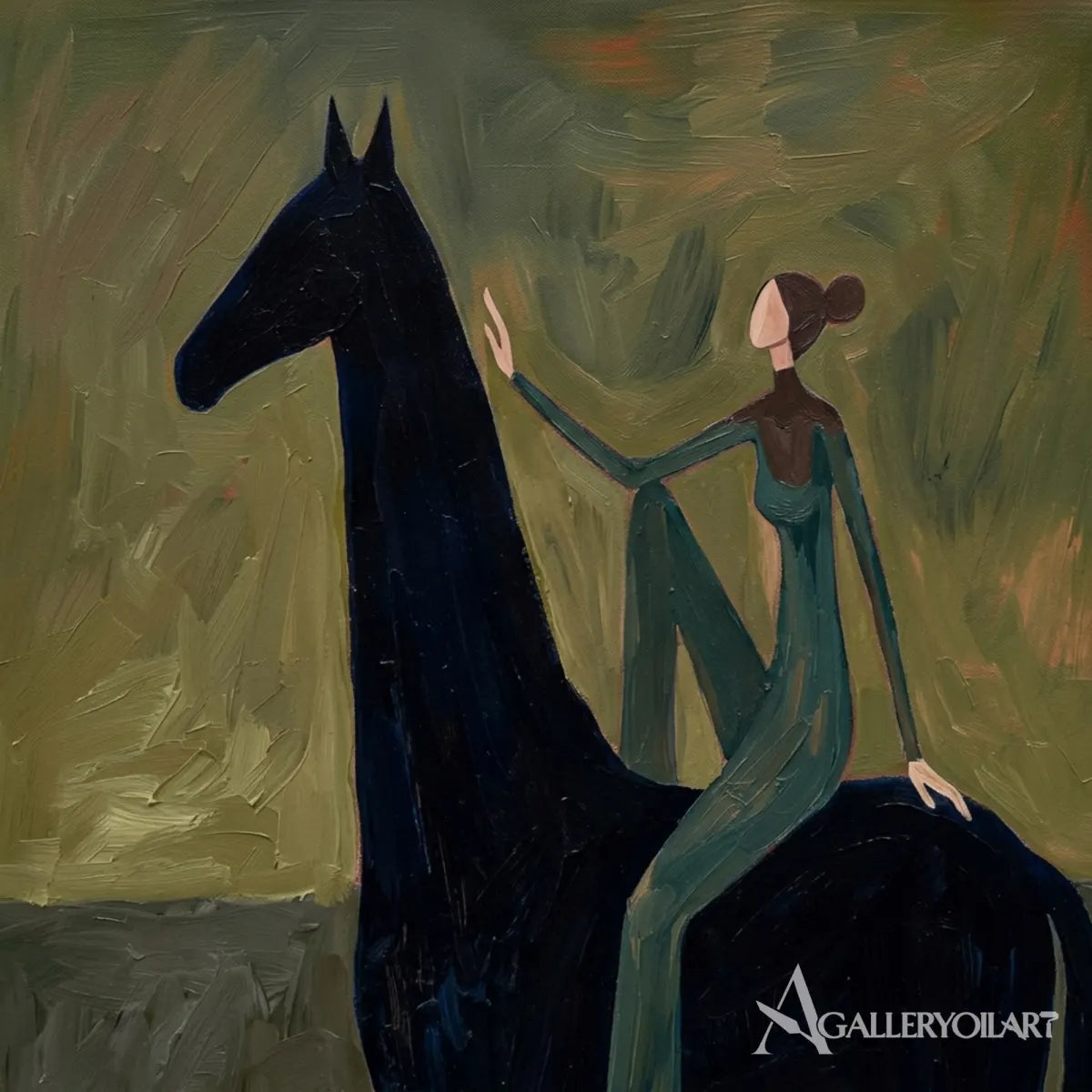 Close-view-of-Western-cowboy-art-showing-a-teal-clad-rider-and-black-horse-against-an-olive-ground