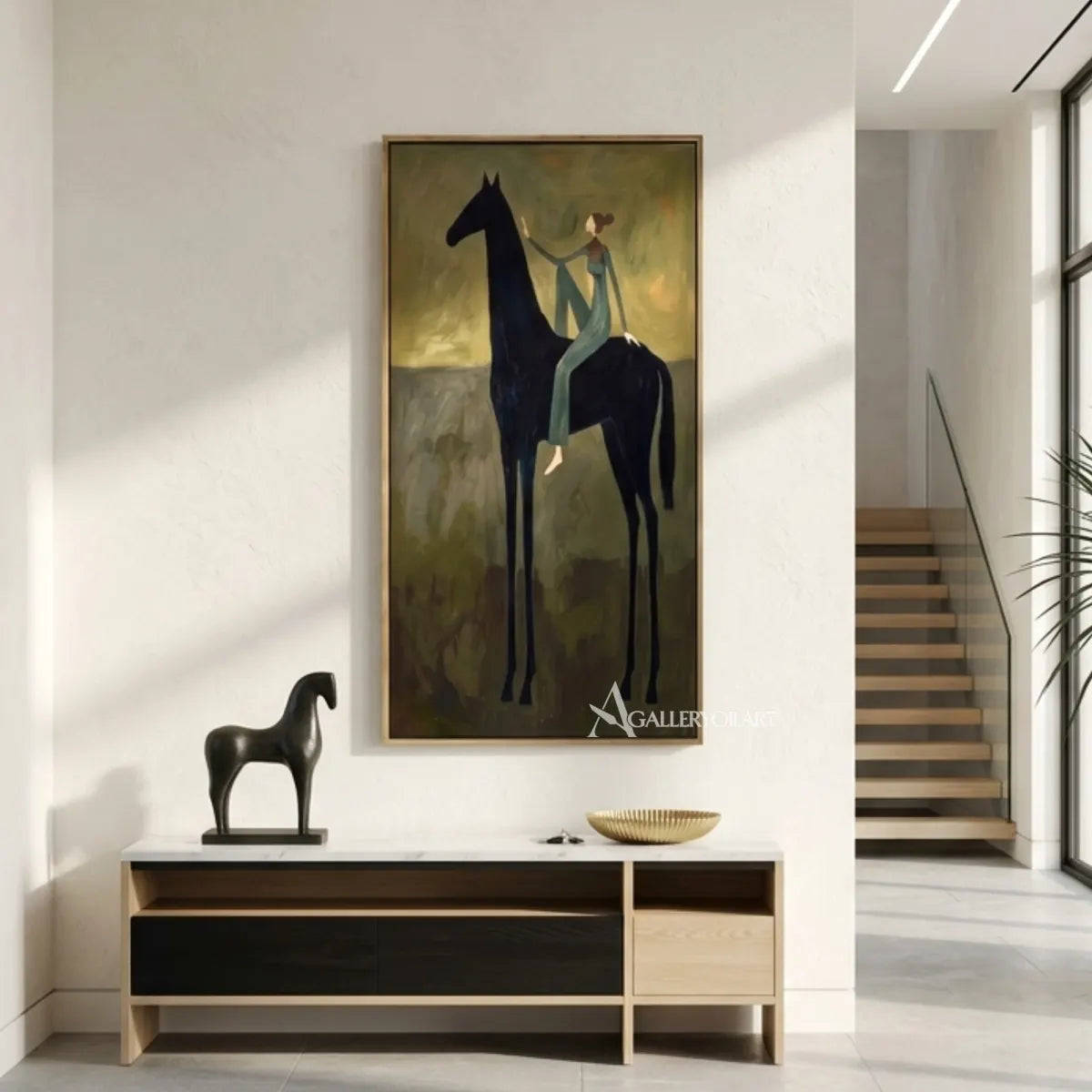 Western-cowboy-art-of-a-teal-clad-rider-on-a-black-horse-against-an-olive-ground-in-a-bright-entryway
