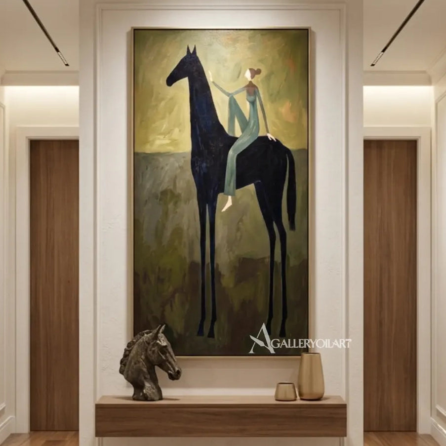 Western-cowboy-art-of-a-teal-clad-rider-on-a-black-horse-against-an-olive-ground-in-a-hallway-display